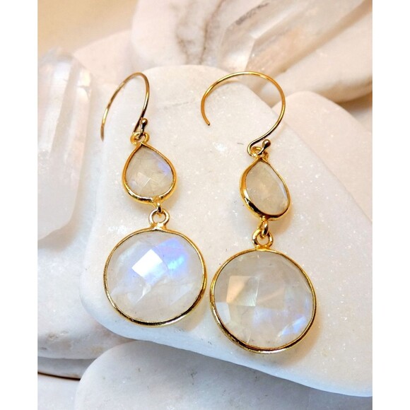 Rainbow Moonstone Gold Fill Earrings Dangle Drop Moon Goddess Healing - Picture 2 of 6